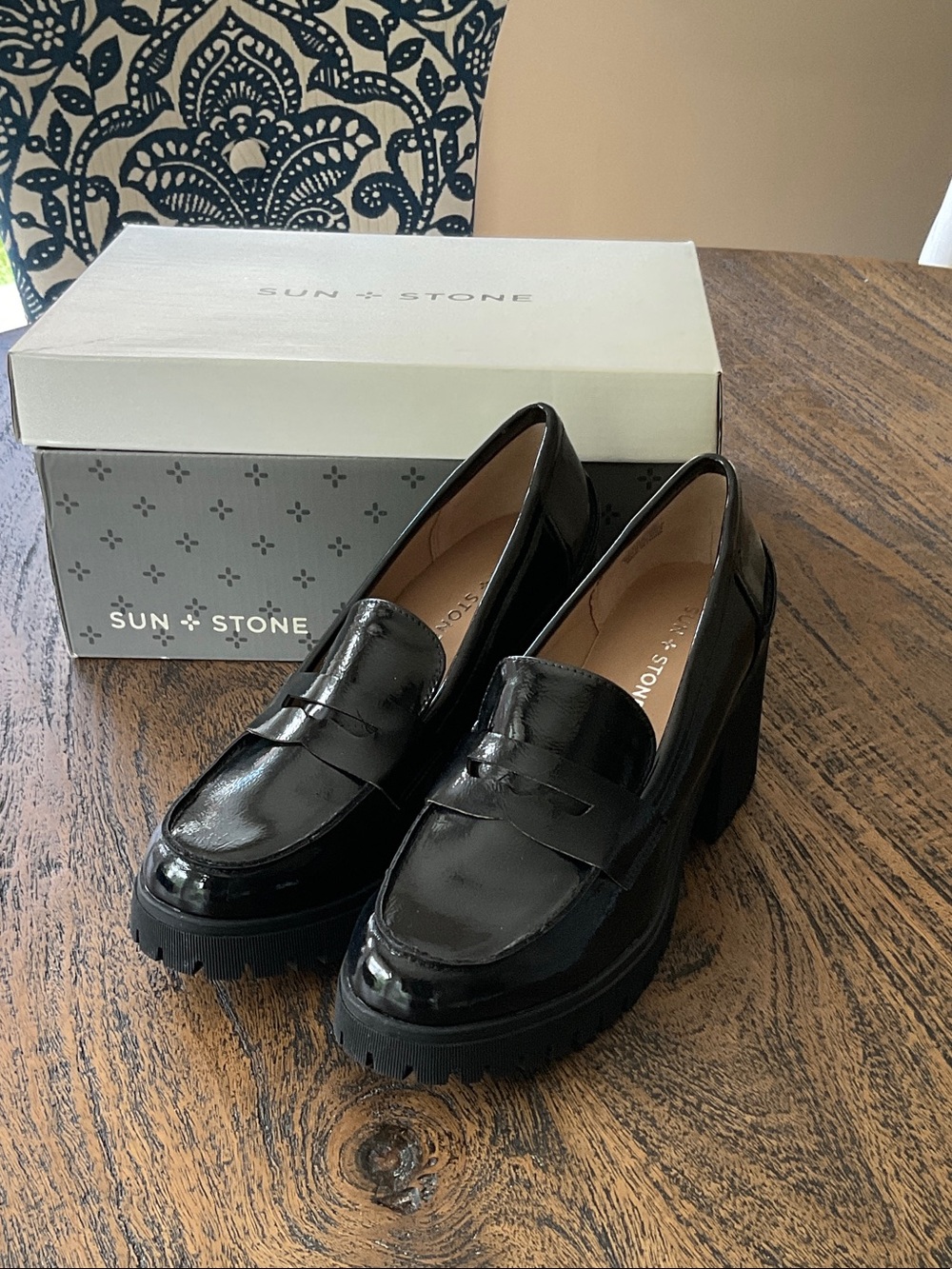 Sun + Stone Black Patent Penny Loafer Heels
